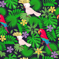 Jungle seamless pattern with tropical leaves and flowers and parrots on the white background. Vector illustration. Cartoon style.