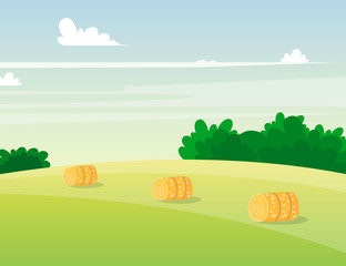 Rustic landscape with haystacks. Valley scenery. Village countryside background. Vector illustration, cartoon style. 