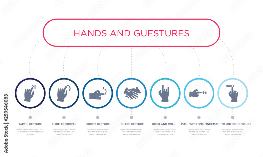 Aufkleber simple illustration set of 7 vector blue icons such as push to unlock gesture, push with one finger 