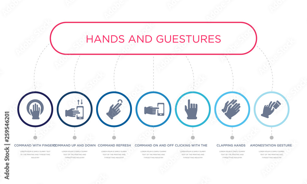 Poster simple illustration set of 7 vector blue icons such as amonestation gesture, clapping hands, clickin