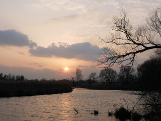 Polonne / Ukraine - 28 February 2019: sunset on thre river