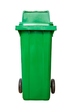 Green plastic rubbish bin isolated on white background with pen tool clipping path