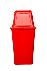 Red plastic rubbish bin isolated on white background with pen tool clipping path