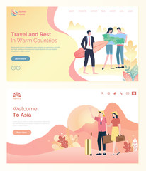 Travel and rest in warm countires or trip to Asia webpage. Tourist holding map and handbag, man standing with surf, flat design style of travelers vector