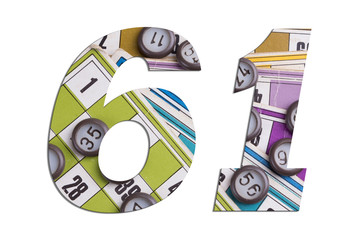 Number 61 with Lotto cards and game chips on white background