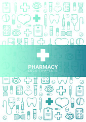 Pharmacy and Medical banner with doodle background. Pills, Vitamin tablets, medical drug. Vector Illustration.