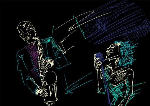 Saxophonist and singer. Grattage technique. Silhouette of saxophone player and songstress. Jazz illustration. Colorful drawing on black background. Vector sketch.