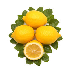 Half and whole lemon fruit tropical with leaves isolated on white background. Creative food and sport concept. Juice, macro, nature, yellow. Flat lay, top view