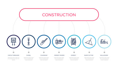 simple illustration set of 7 vector blue icons such as bulldozer, bump cutter, cement, _icon4, chainsaw, chisel, circuit breaker. infographic design with 7 icons pack
