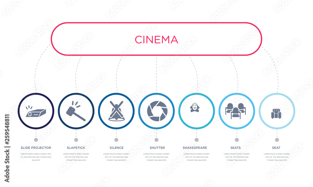 Wall mural simple illustration set of 7 vector blue icons such as seat, seats, shakespeare, _icon4, silence, slapstick, slide projector. infographic design with 7 icons pack