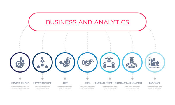 Simple Illustration Set Of 7 Vector Blue Icons Such As Data Wave, Database Analysing, Database Interconnected, _icon4, Debt, Department Head, Depleting Chart. Infographic Design With 7 Icons Pack