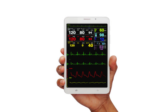 doctor's hand holding tablet / smart phone show patient monitor / EKG / ECG online data, Telemedicine , Medical technology concept