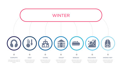 simple illustration set of 7 vector blue icons such as anorak vest, avalanche, bobsled, _icon4, chapel, cold, earmuffs. infographic design with 7 icons pack