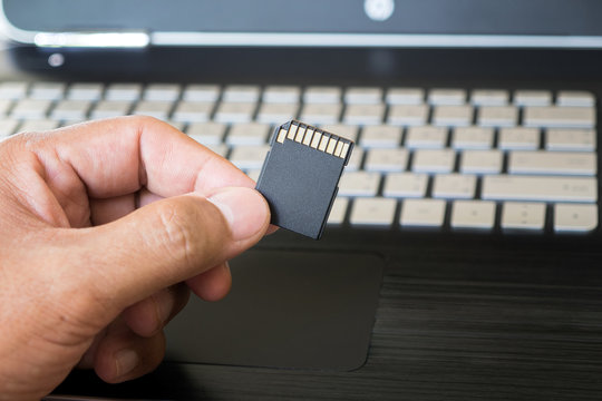 Hand holds SD Card against laptop pc.