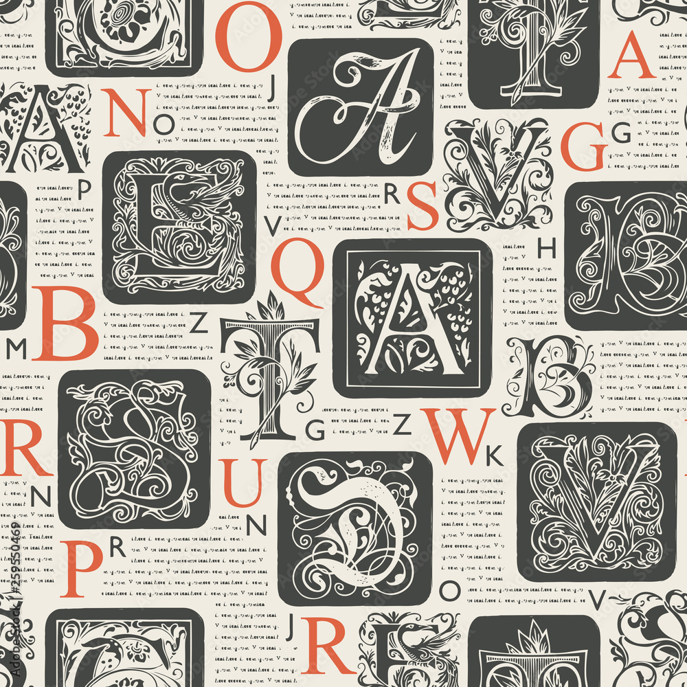 Poster vector seamless pattern with hand drawn alphabet letters on the background of old book pages. old bo