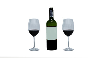 Wine bottle, wine glass in white background