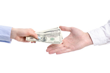 Hand give money dollars to hand on white background isolation