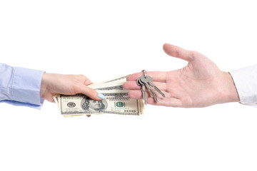 Hand give key and money dollars to hand on white background isolation