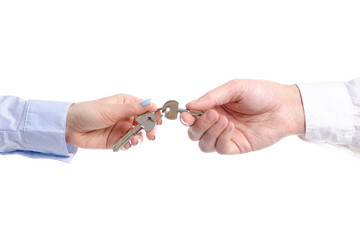 Hand give key to hand on white background isolation