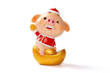 pig mascot sits on gold ingot means earn lots of money in the year 2019