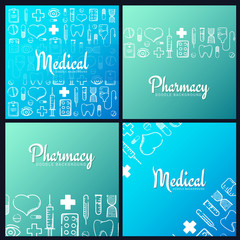 Set of Pharmacy and Medical banners with doodle background. Pills, Vitamin tablets, medical drug. Vector Illustration.