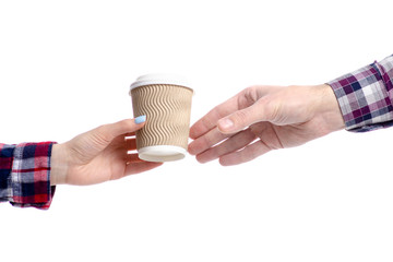 Hand giving cup of coffee to hand isolated on white background