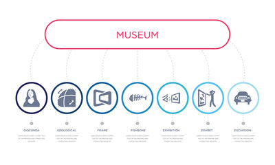 simple illustration set of 7 vector blue icons such as excursion, exhibit, exhibition, _icon4, frame, geological, gioconda. infographic design with 7 icons pack