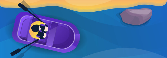 Man on inflatable boat concept banner. Cartoon illustration of man on inflatable boat vector concept banner for web design