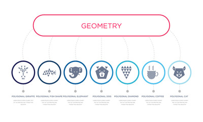 simple illustration set of 7 vector blue icons such as polygonal cat, polygonal coffee cup, polygonal diamond shape of small triangles, _icon4, elephant, fish shape of small triangles, giraffe.