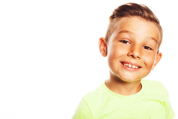 Mom's joy concept. Portrait of smiling cute little boy in bright green T-shirt isolated on white background. Retro postcard, vintage poster style. Close up. Copy-space. Studio shot