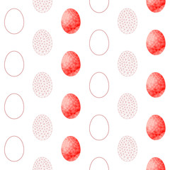 Seamless pattern with red eggs in low poly style and linear egg silhouette isolated on white background; Monochrome endless pattern for fabric print, texture, gift wrap, invitations and wrapping paper