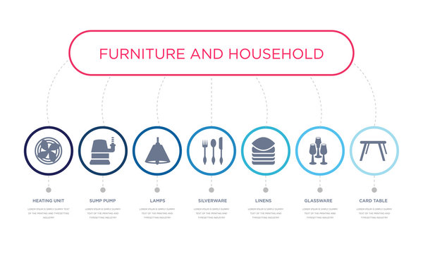 Simple Illustration Set Of 7 Vector Blue Icons Such As Card Table, Glassware, Linens, _icon4, Lamps, Sump Pump, Heating Unit. Infographic Design With 7 Icons Pack