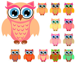 Large set of cute multicolored cartoon owls for children, different designs, trendy coral color