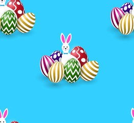 Seamless pattern with cute easter white fun rabbits, colorful eggs, blue background.
