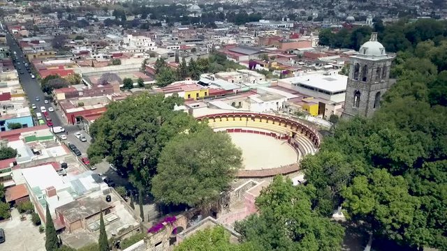 Aerial view of Bullring Tlaxcala Mexico, Exconvento de San Francisco.