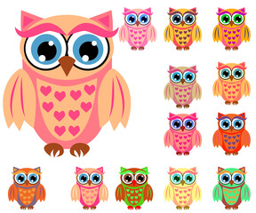 Large set of cute multicolored cartoon owls for children, different designs, trendy coral color