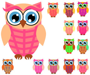 Obraz premium Large set of cute multicolored cartoon owls for children, different designs, trendy coral color