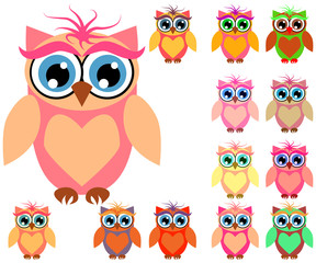 Obraz premium Large set of cute multicolored cartoon owls for children, different designs, trendy coral color