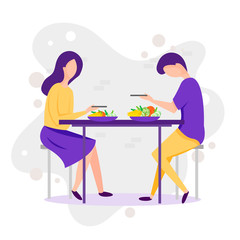 Dating. Vector cartoon funny illustration of couple. Man and woman eating healthy foot at the nature landscape. Romantic millennials couple in restaurant on a date. Love between two people.