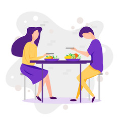 Dating. Vector cartoon funny illustration of couple. Man and woman eating healthy foot at the nature landscape. Romantic millennials couple in restaurant on a date. Love between two people.
