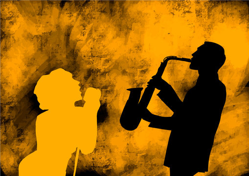 Jazz Singer And Saxophone Player. Black And Yellow Silhouette On Grunge Background. Saxophone Player And Songstress With Microphone. Musical Vector Illustration.