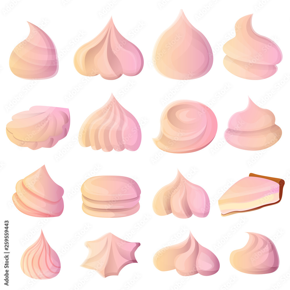Poster meringue icons set. cartoon set of meringue vector icons for web design