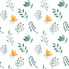 Seamless pattern with herbs and flowers. Yellow and green flowers and leaves isolated on white background. Floral pattern for wallpaper or fabric