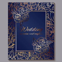 Exquisite royal luxury wedding invitation, gold on blue background with frame and place for text, lacy foliage made of roses or peonies with golden shiny gradient.