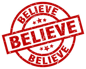 believe round red grunge stamp