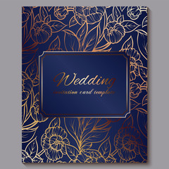 Exquisite royal luxury wedding invitation, gold on blue background with frame and place for text, lacy foliage made of roses or peonies with golden shiny gradient.