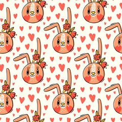 Seamless pattern with cute rabbit face with a barrettes flowers. Fashion kawaii bunny. Vector illustration