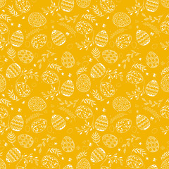 Seamless easter pattern with ornamental white hand drawn eggs, leaves, butterflies on yellow background. Easter holiday background. Vector illustration.