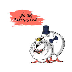 wedding clipart with cute peigeon couple and custom handlettering just married.