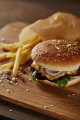 selective focus of salt, pepper, french fries and fresh burger on wooden surface